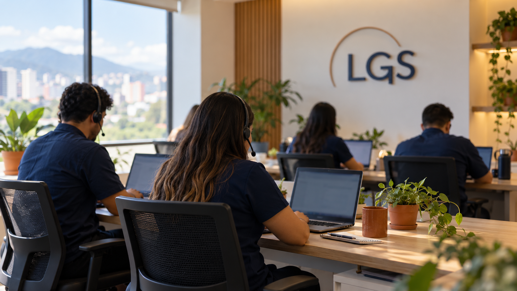 Remote call center team working at their desks, photographed from behind beneath an LGS sign